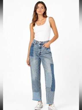 BDG Patchwork Mixed-Wash Super High Rise Raw Hem Denim Jeans 27